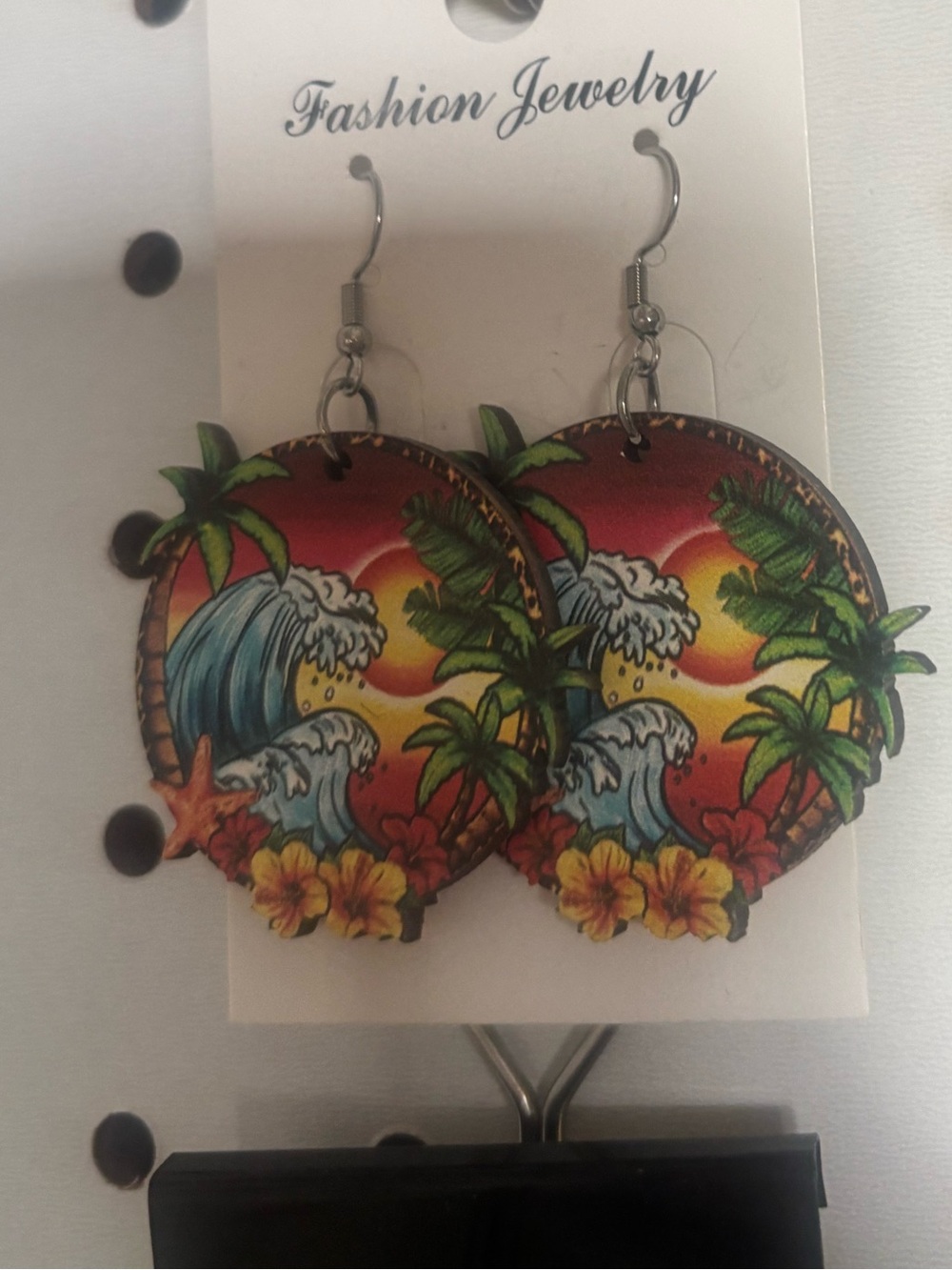 Fashion Jewelry Tropical Palm Sunset Earrings - Red, Green, Blue